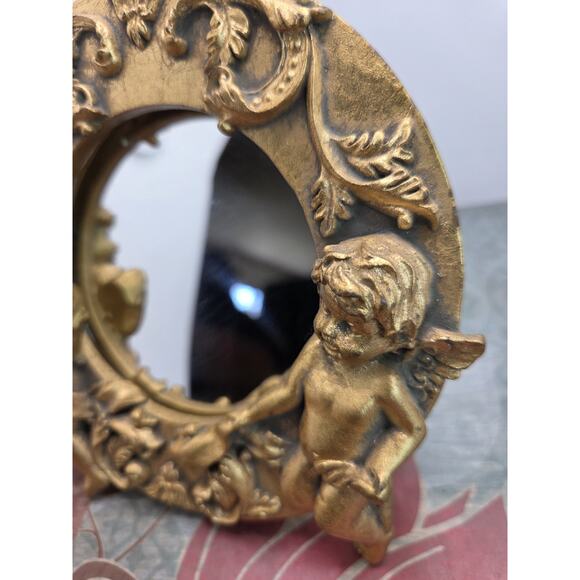 Cherub Mirror Gold Round Resin Regency Romantic 5.75 Inch Table Or Wall - Picture 4 of 9